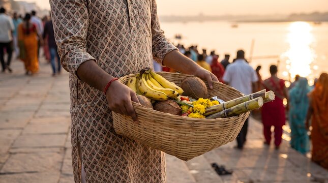 Devoted man holding wicker basket filled with bananas coconuts sugarcane and yellow flowers for holy ritual morning prayer