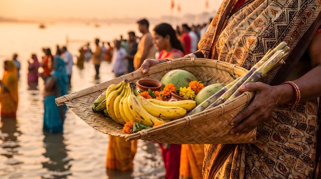 Devoted woman holding bamboo basket with fruits and sugarcane during chhath puja festival near sacred river at sunrise