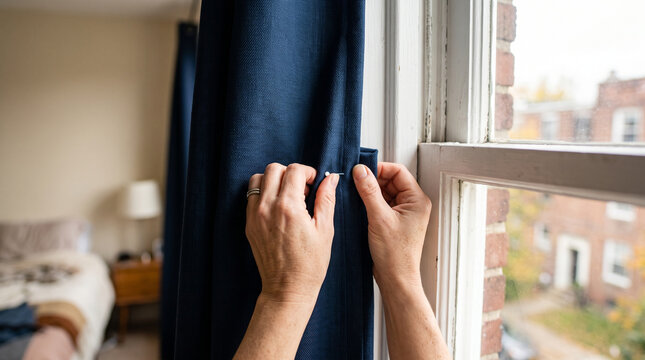 Hands pinning a blue curtain to a window frame for a light tight seal.