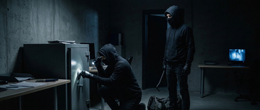 Thieves breaking into a safe in a dark room concept of burglary and crime