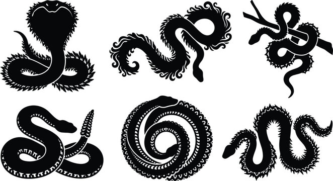 Black snake silhouette vector set featuring creative cobra and viper shapes isolated on a clean white background graphic