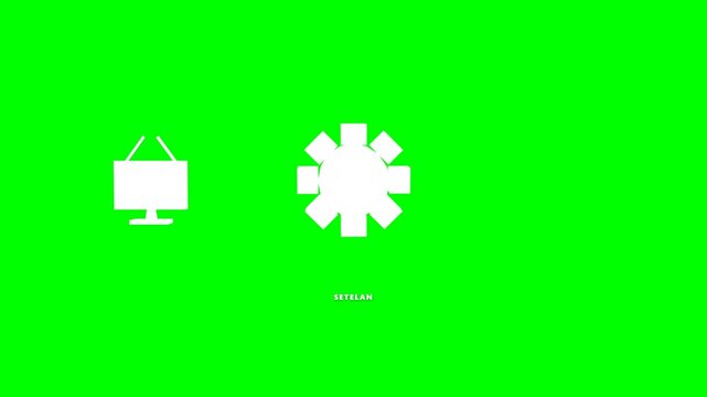 A motion graphic of white 3D TV digital menu icons scrolling horizontally on a green screen.