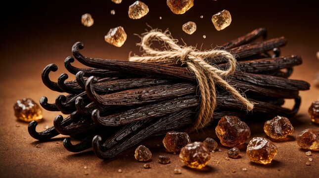Bundle of organic vanilla beans tied with rustic twine on dark background. Brown sugar crystals fall through air around spice. Macro food photography shows texture of raw vanilla pods, sweet sugar