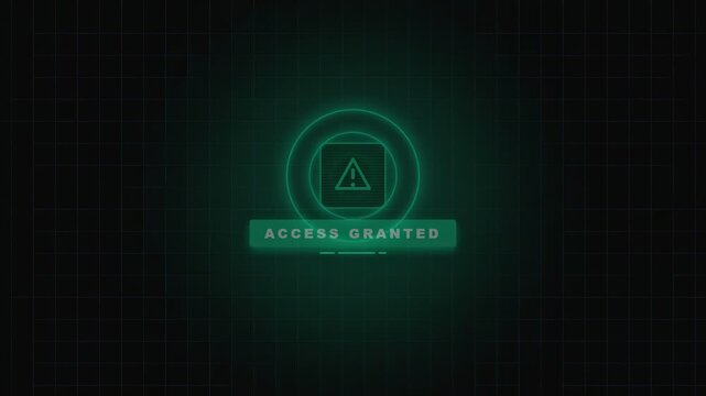 Flashing green neon access granted text with alert icon on dark digital grid background for cybersecurity system entry and successful hacker bypass concepts
