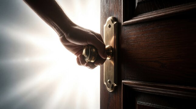 Close up of human hand opening wooden door with brass handle. Bright light shines from outside through opening. Metaphor for new beginning, opportunity, hope, success. Person enters bright room house