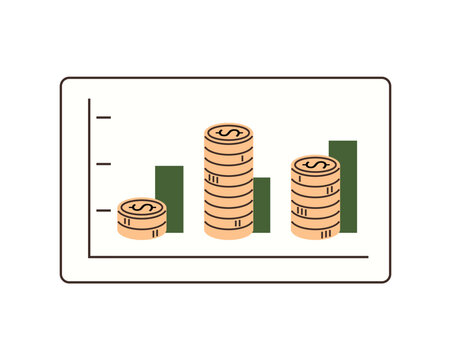 Financial bar chart with stacks of dollar coins on a screen vector illustration. Investment growth, profit analysis, banking, economic data, wealth, market trends. Money graph on display