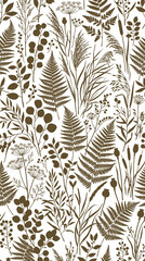 Vintage botanical seamless pattern, brown wildflower and fern leaf silhouettes, rustic floral background for textile design and wallpaper © satish