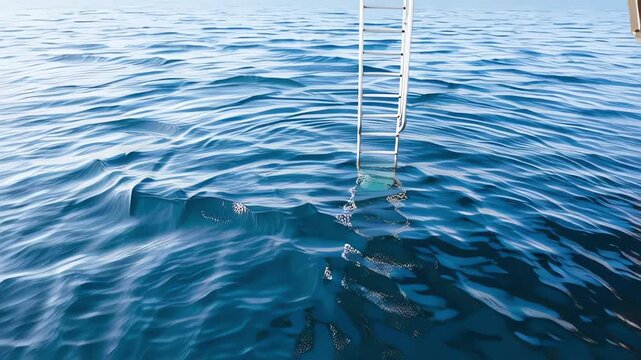 High angle view of a silver metal swimming ladder leading into deep blue ocean water with soft waves moving rhythmically