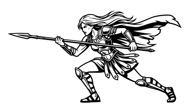 Dynamic female gladiator with spear in combat stance black white warrior vector illustration