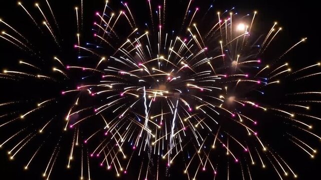 Brilliant colorful fireworks exploding brightly in the dark night sky during celebration festival video clip