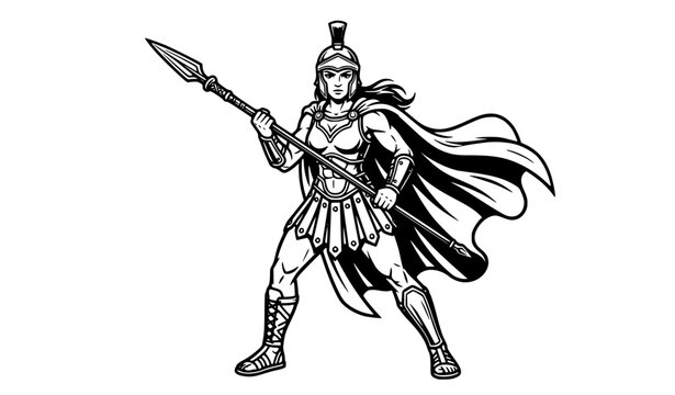 Female gladiator warrior holding spear in battle pose black white cartoon vector illustration