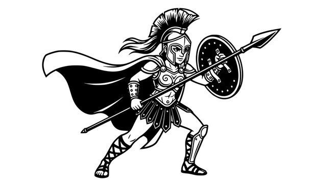 Female gladiator with shield and spear ancient warrior black white cartoon vector art