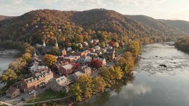 Aerial drone view of harpers ferry historic town at confluence of potomac and shenandoah rivers in autumn