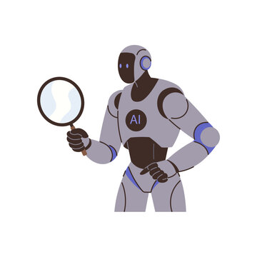 Robot holding a magnifying glass vector illustration. Data analysis, search engine, artificial intelligence, digital investigation, technology research, future automation. droid using a loupe