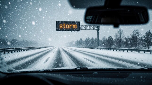 POV from car driving on snowy highway during heavy blizzard. Digital sign warns about storm ahead on dark road. Driver sees blurry winter landscape with pine trees, cold weather conditions. Dangerous