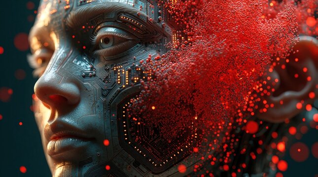 Digital face merges human features with robotic circuit patterns. Red glowing particles disintegrate skin into data streams. Cybernetic android head shows AI concept, machine learning, advanced