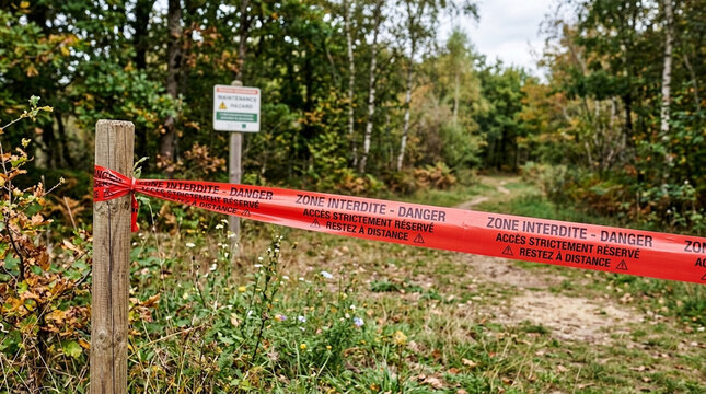 Restricted Area Danger Tape in Forest No Trespassing Sign and Pathway