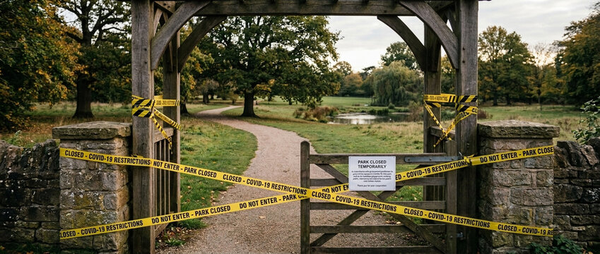 Restricted Access Yellow Caution Tape Blocks Wooden Garden Gate Countryside Path Ahead