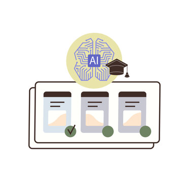 AI brain with graduation cap over digital cards vector illustration. Online education, machine learning, automated grading, smart learning, research, digital literacy. Artificial intelligence symbol