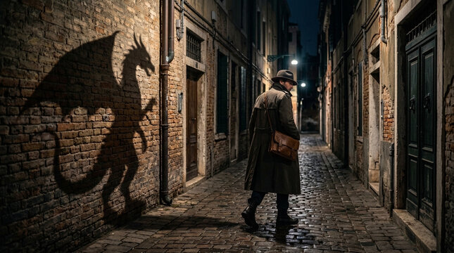Mysterious Detective in Alley with Dragon Shadow Noir Mystery Concept