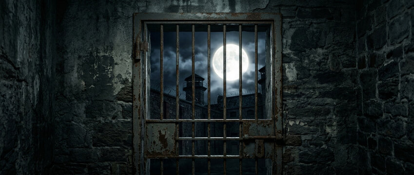 Prison Cell Window Bars Overlooking Moonlit Night and Tower