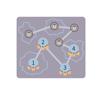 Game level map with numbered stages and stars vector illustration. Mobile gaming, user interface, achievement, education, gamification, level selection. Digital roadmap with locks