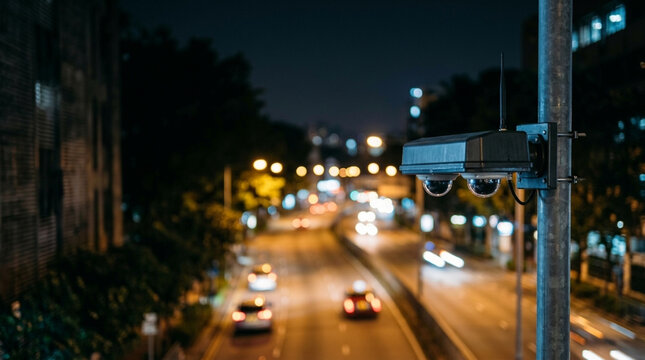 Nighttime Surveillance Camera Mounted on Pole Over City Highway with Traffic and Bokeh Lights