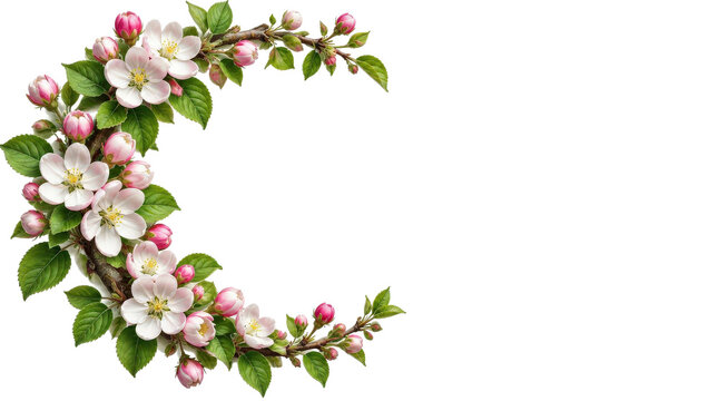 Apple Blossoms in Crescent Shape on White Background with Copy Space