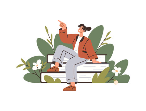 Young woman sitting on a stack of books and pointing up vector illustration. Education, knowledge, personal growth, literature, self improvement, inspiration. Female student resting on textbooks