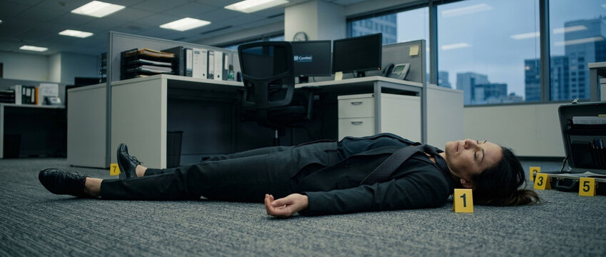 Office Crime Scene Body with Evidence Markers on Floor Mystery Investigation Corporate Death