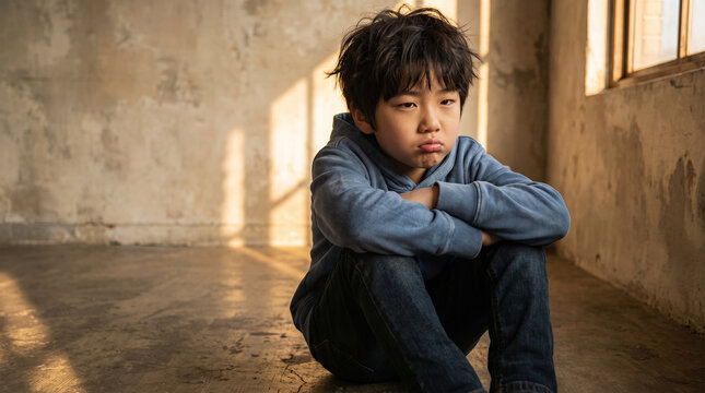 Lonely young asian boy sitting on a floor looking sad and pouting