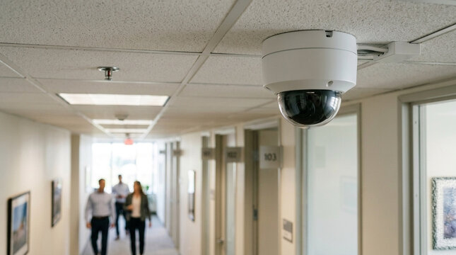 Office hallway surveillance camera security system monitoring business safety people walking by