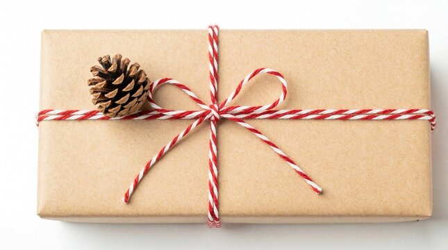 Elegant beige gift box wrapped with red, white twine on white background. Small pinecone decoration adds festive touch to cardboard present. Minimalist Xmas package for holiday celebration, winter