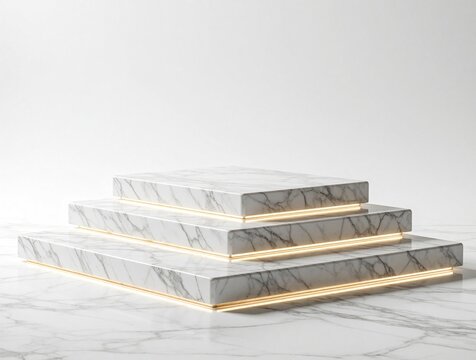 Three white marble podiums with glowing gold edges stand on marble floor. Minimalist stone platforms arranged in stairs shape for product display. Luxury pedestal set with light effect on white