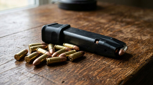 Pistol Magazine and Ammunition on Wooden Table Close Up