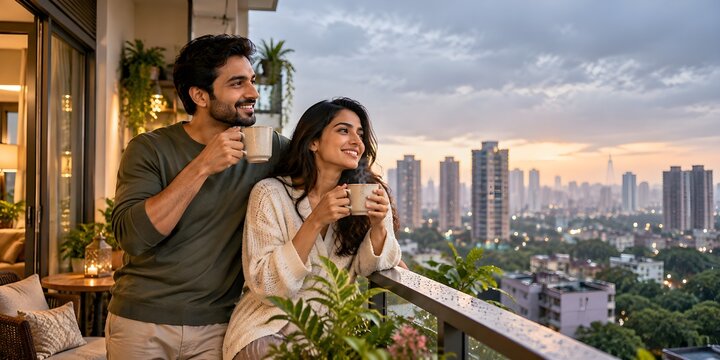 Indian Couple Enjoying Chai on a Contemporary Balcony