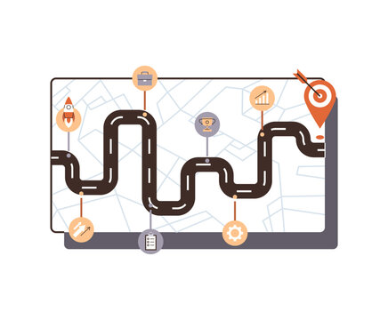 Winding road on a map with business icons vector illustration. Project planning, startup growth, strategy, goal achievement, milestone tracking, development. Path on navigation chart