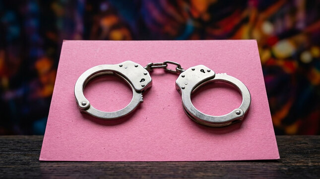 Metal Handcuffs on Pink Cardstock with Colorful Blurred Background Crime Justice or Relationship Concept
