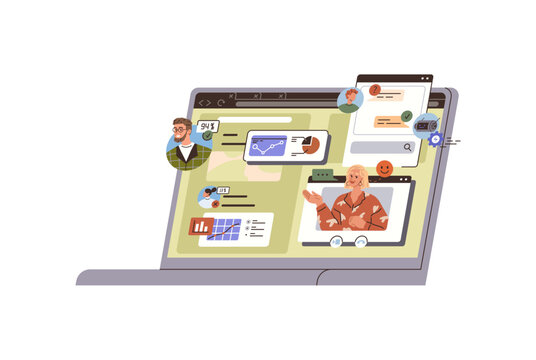 Laptop screen with video call and data charts vector illustration. Remote work, digital collaboration, online business, virtual meeting, data management, software. Computer monitor showing web