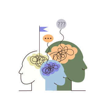 Three human head profiles with tangled lines vector illustration. Mental health, psychology, cognitive therapy, problem solving, communication, brain health. Trio of silhouettes with messy minds