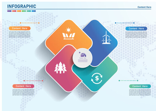 4 steps eco green energy interlocking diamond infographic template with central circle vector illustration