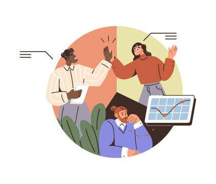 Diverse colleagues celebrating success with a high five vector illustration. Teamwork, corporate success, project management, data analytics, collaboration, growth. Coworkers gesturing in triumph