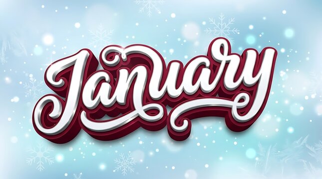 Handwritten January holiday text with snowflake snow effect, glossy script font, pastel blue background, frosty winter vibe