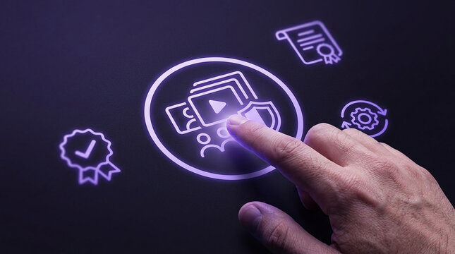 Hand Touching Digital Interface for Content Protection and Digital Rights Management System with Glowing Purple Icons on Dark Background.