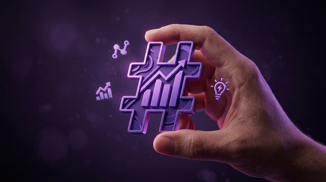 Close-up of a hand holding a purple 3D hashtag symbol with a growth chart inside, symbolizing social media marketing success and digital analytics.