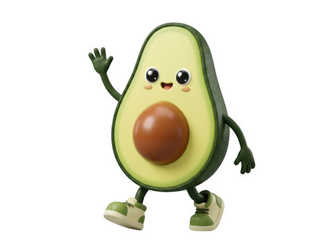 Cute cartoon avocado character waving and walking on a white isolated background transparent background