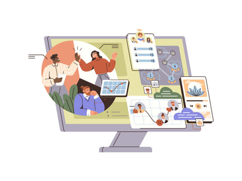 Team collaborating via digital dashboard vector illustration. Project management, remote work, team communication, digital transformation, productivity, software. Professionals using web interface
