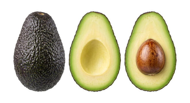 Ripe avocado fruit and two halves with large pit isolated on transparent background for grocery.