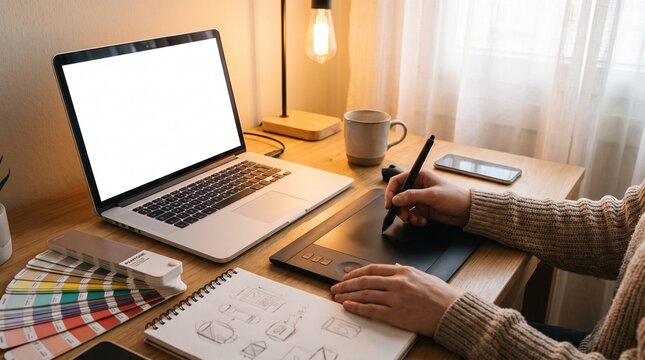 Creative designer working on a laptop with a graphics tablet and color swatches