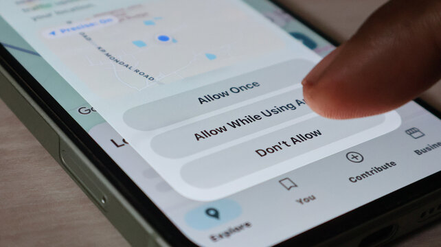Smartphone screen prompt requesting user location permission with allow options for mobile navigation map application usage.